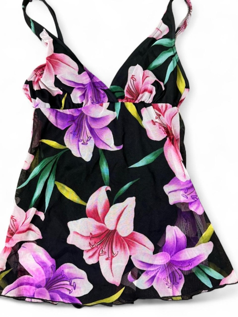 Black floral print swimsuit with mesh overlay and adjustable straps